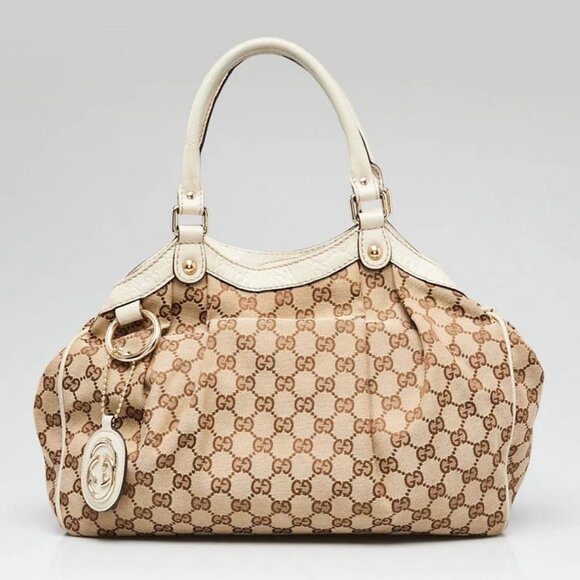 Gucci Beige/White GG Canvas Embossed Leather Medium Sukey Tote Bag - Picture 2 of 13
